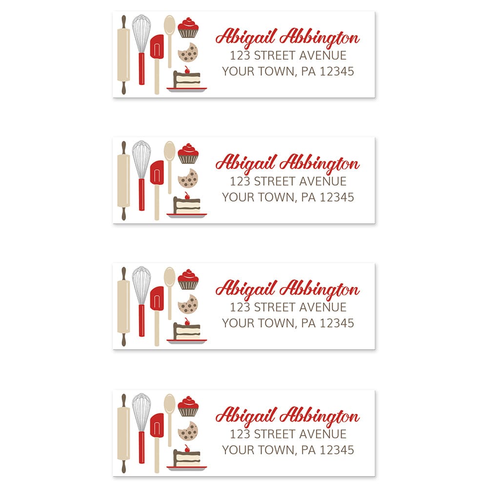 Red Baking Address Labels at Artistically Invited. Image shows 4 labels. High-quality address labels designed with cute kitchen baking tools and baked treats in red, brown, gray, and beige on the left side over a white background. Your personalized return address is custom printed in red and brown to the right of the red baking tools and baked goods design. These premium return address labels are great for bakers, pastry chefs, or anyone who loves baking.