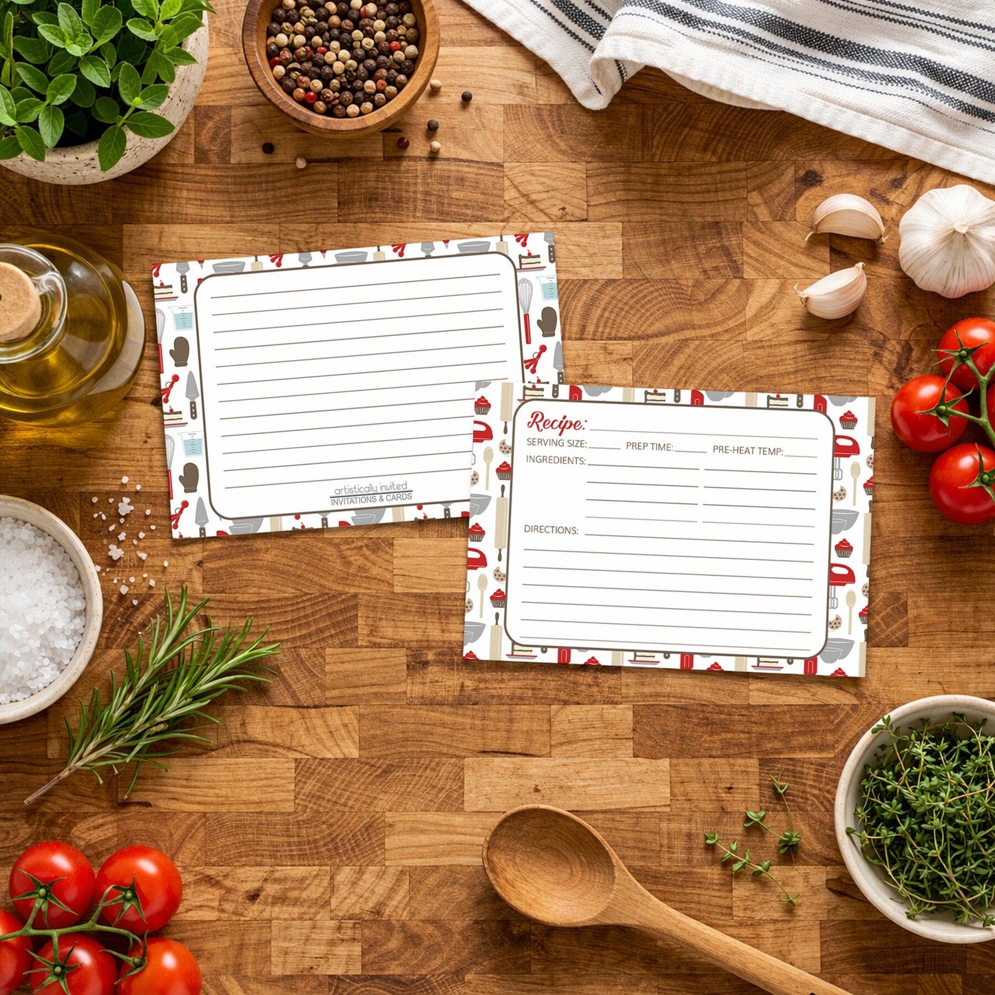 Two Red Baking Pattern Recipe Cards on a wooden surface with Italian kitchen ingredients.