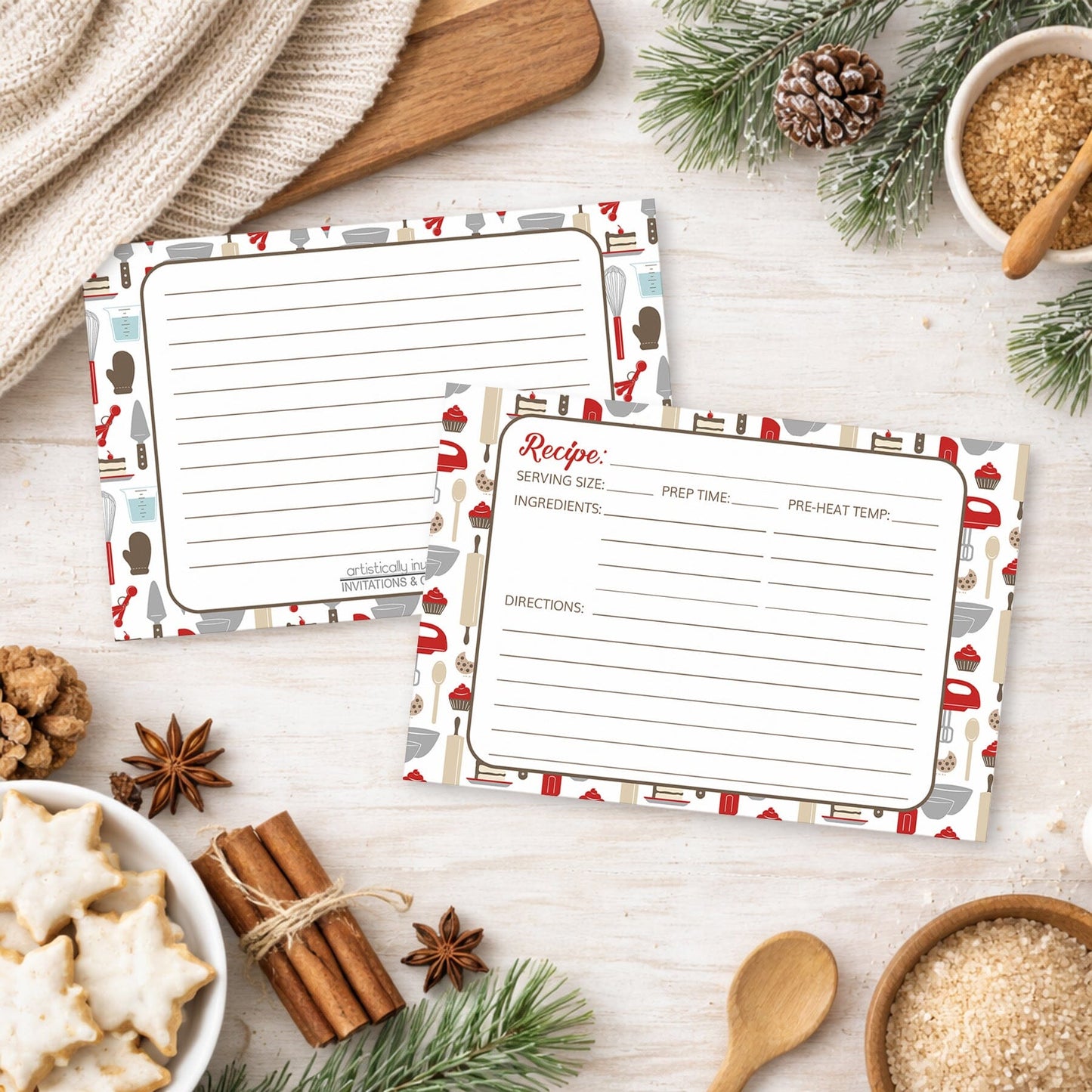Two Red Baking Pattern Recipe Cards on a festive winter background with cookies, cinnamon, and pine cones.