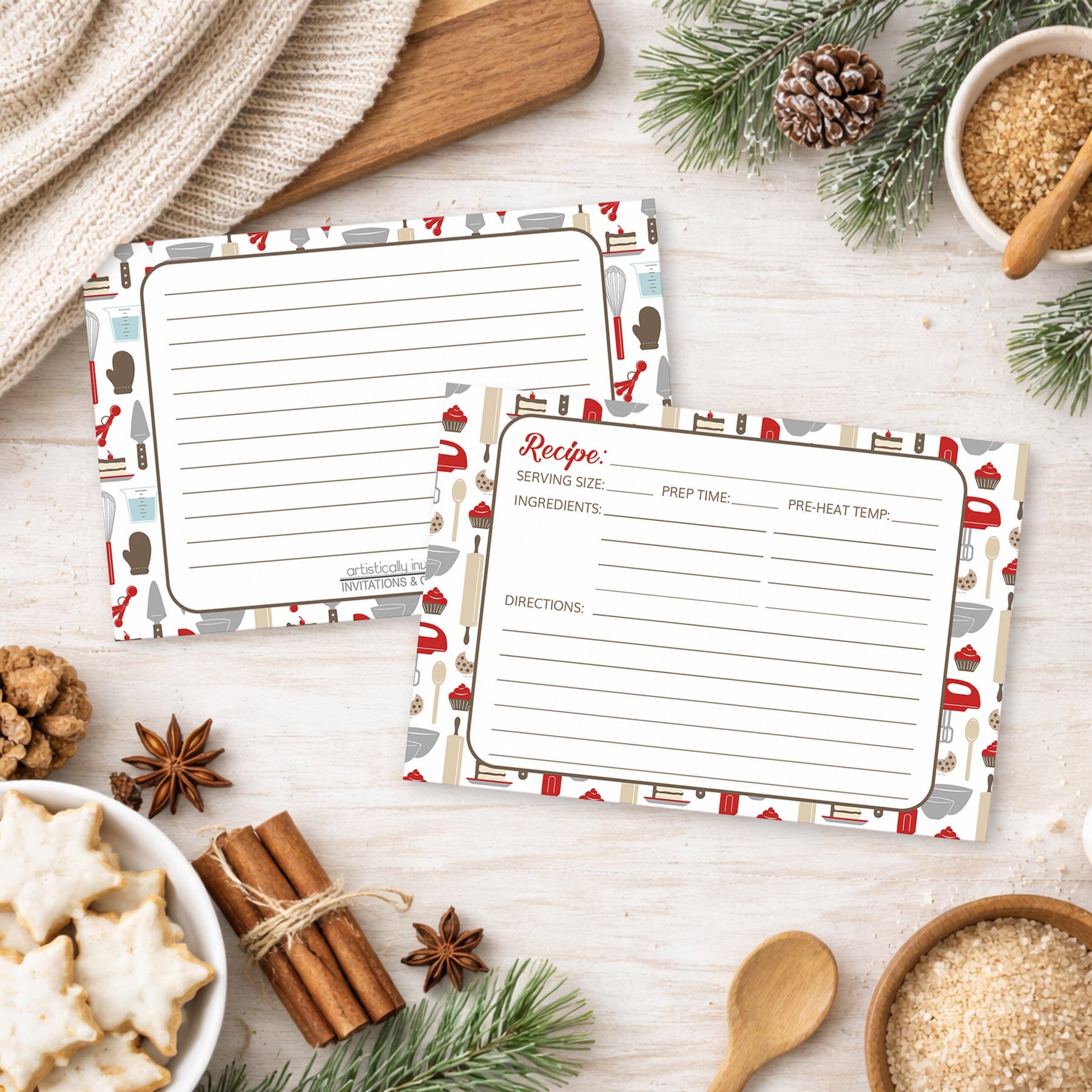 Two Red Baking Pattern Recipe Cards on a festive winter background with cookies, cinnamon, and pine cones.