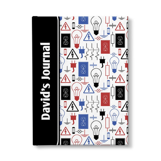 Personalized Red Blue Electrical Pattern Journal at Artistically Invited. A custom book designed with a black color black wrapping over the spine area, over a red and blue electrical pattern over the rest of the cover. This pattern has different electrical symbols and other images related to electricity in red, blue, and black. Your name is printed sideways in white over the black color block area on the front of the cover near the spine.