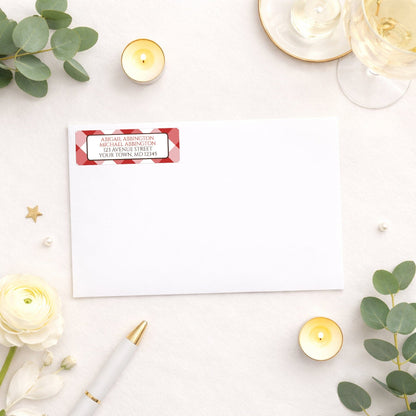 Red Gingham Address Label shown on a white envelope with wedding and shower supplies