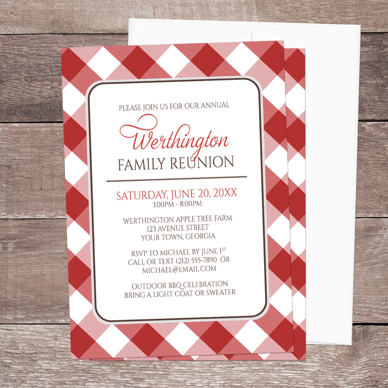Red Gingham Family Reunion Invitation shown on a wooden surface with a white envelope.