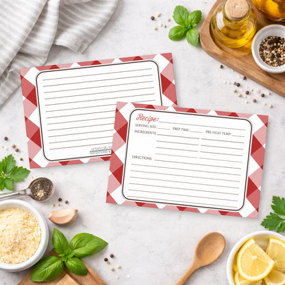 Two Red Gingham Recipe Cards on a kitchen counter with ingredients.