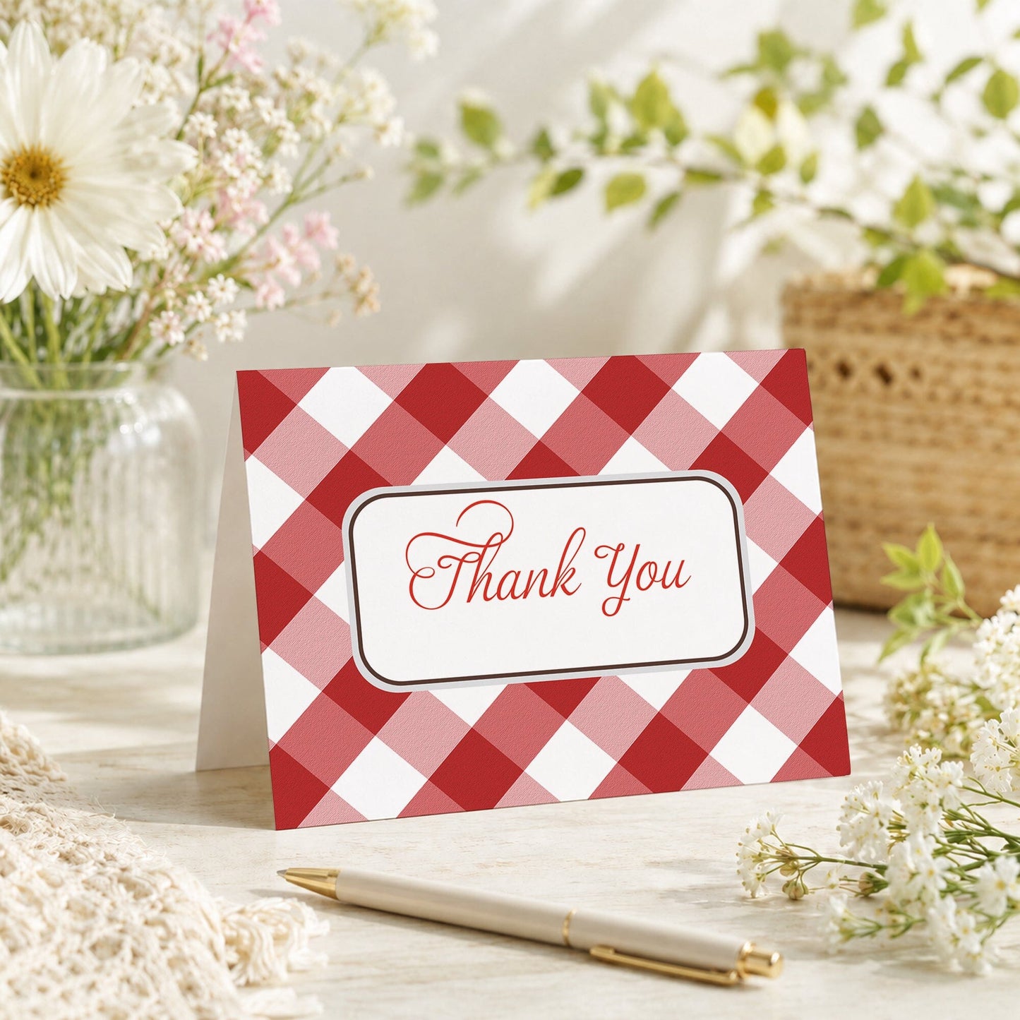 Red Gingham Thank You Card shown on a tabletop with a vase, spring and summer flowers, and a pen.