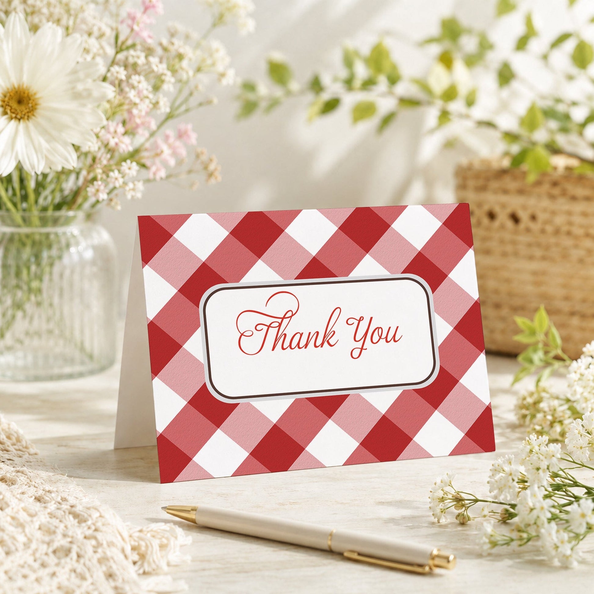 Red Gingham Thank You Card shown on a tabletop with a vase, spring and summer flowers, and a pen.