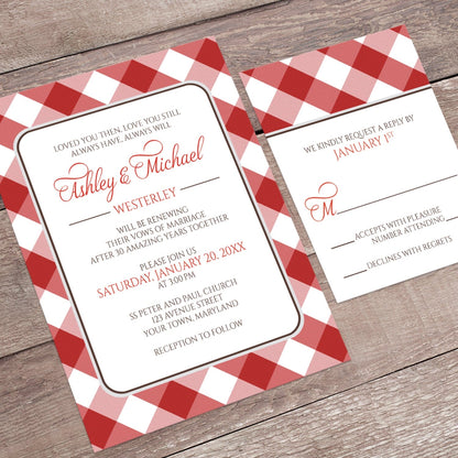 Red Gingham Vow Renewal Invitation shown at an angle on a brown wooden surface with the matching RSVP card.