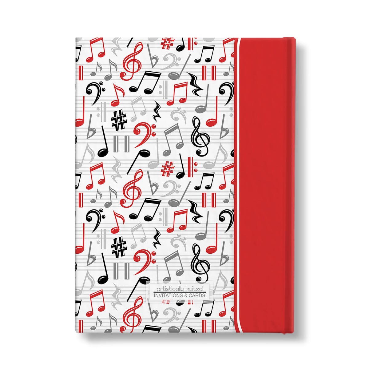 Personalized Red Music Notes Pattern Journal at Artistically Invited. Back side of the book.