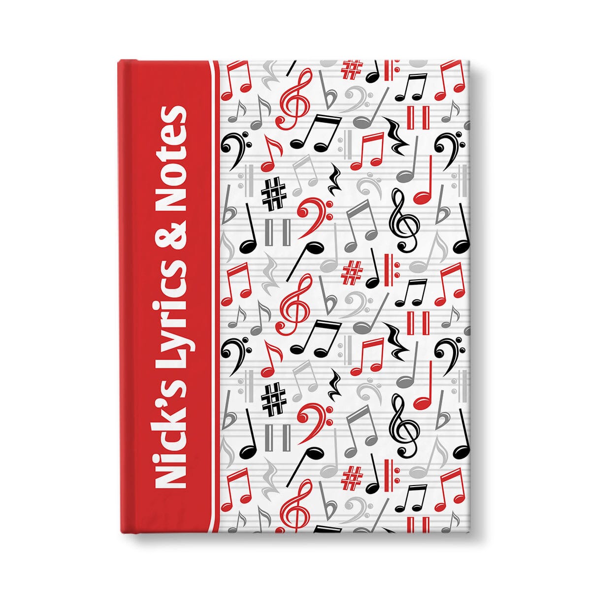 Personalized Red Music Notes Pattern Journal at Artistically Invited. A custom book designed with a red color wrapping around the spine area over an energetic pattern of red, black, and gray music notes and symbols on the rest of the background. Your personalized name and text of your choice is custom printed sideways in white over the red color on the front near the spine. 