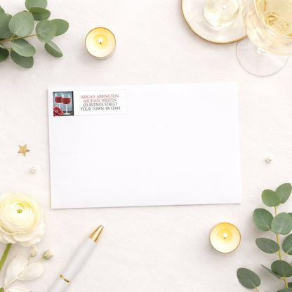 Red Wine Glasses Floral Rose Address Label shown on a white envelope with wedding and shower supplies