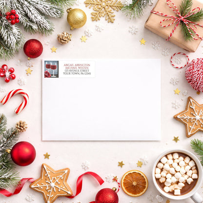 Red Wine Glasses Floral Rose Address Label shown on a white envelope with winter Christmas holiday supplies