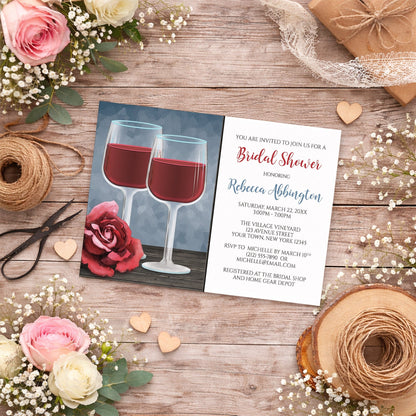 Red Wine Glasses Floral Rose Bridal Shower Invitation on a rustic wooden surface with flowers and twine.