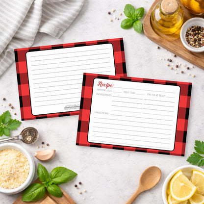 Two Red and Black Buffalo Plaid Recipe Cards on a kitchen counter with ingredients.