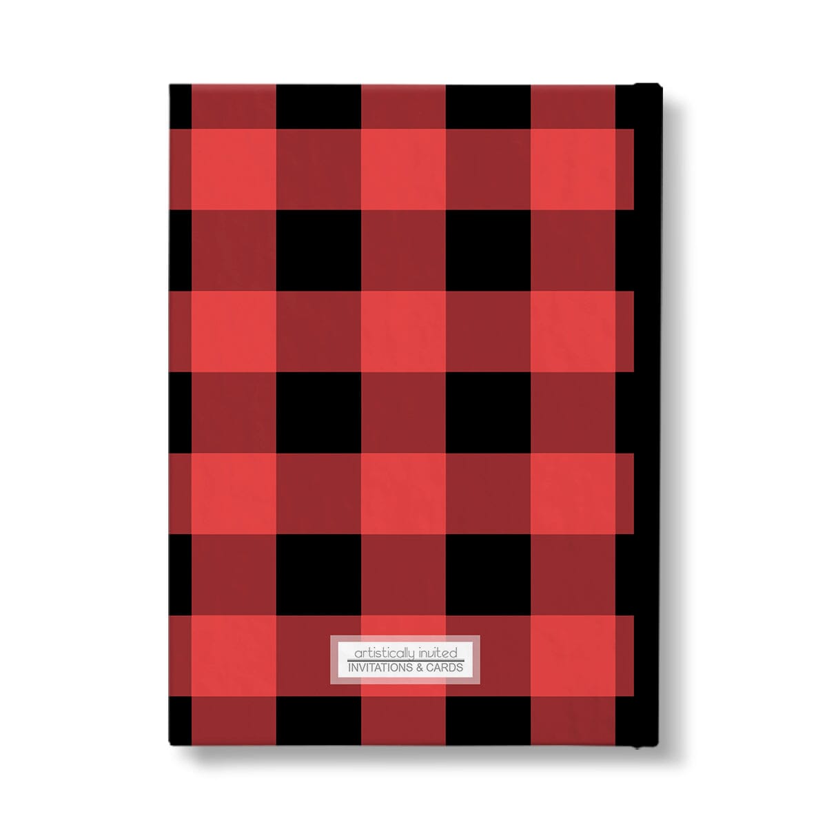 Personalized Red and Black Buffalo Plaid Journal at Artistically Invited. Back side of journal.