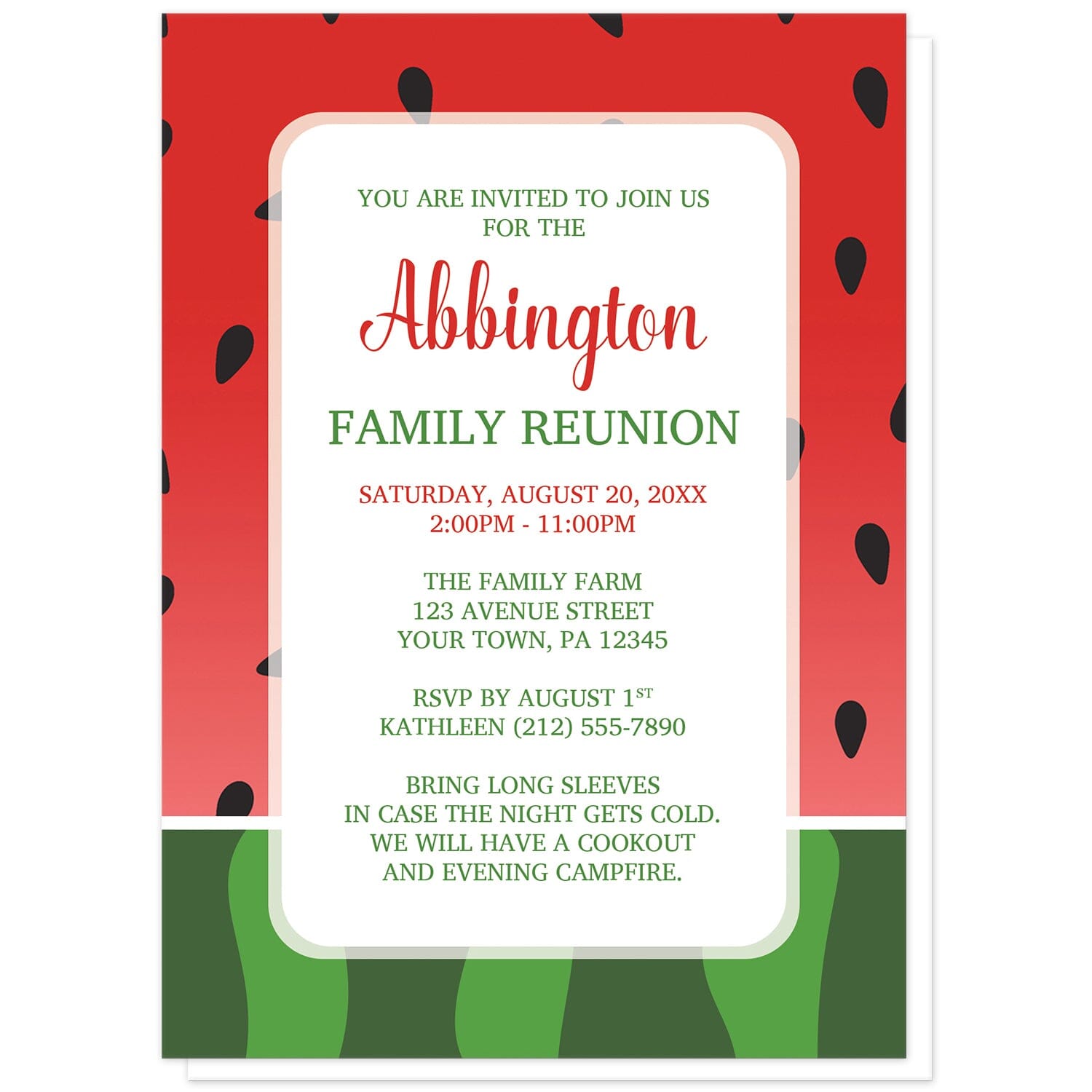 Red and Green Watermelon Family Reunion Invitations at Artistically Invited. Red and green watermelon family reunion invitations designed with a yummy-looking watermelon background design. Your personalized family reunion celebration details are custom printed in red and green over white centered in the middle of the invitations over the background illustration.