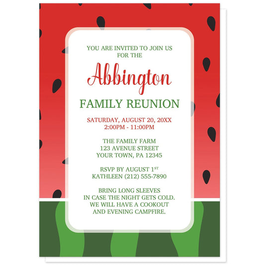 Red and Green Watermelon Family Reunion Invitations at Artistically Invited. Red and green watermelon family reunion invitations designed with a yummy-looking watermelon background design. Your personalized family reunion celebration details are custom printed in red and green over white centered in the middle of the invitations over the background illustration.