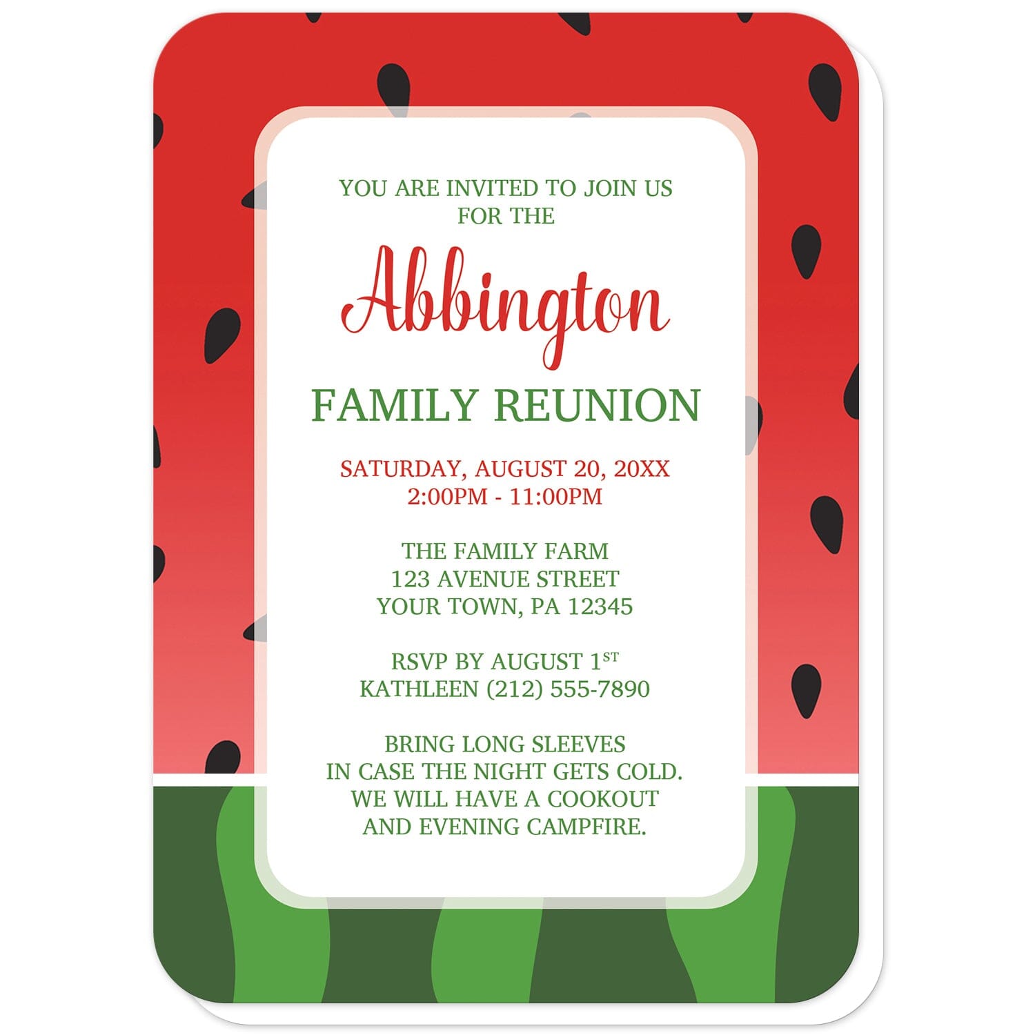 Red and Green Watermelon Family Reunion Invitations (with rounded corners) at Artistically Invited. Red and green watermelon family reunion invitations designed with a yummy-looking watermelon background design. Your personalized family reunion celebration details are custom printed in red and green over white centered in the middle of the invitations over the background illustration.