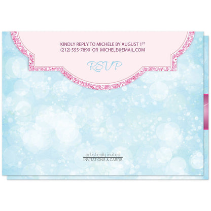 Royal Princess Pink and Blue Girls Birthday Party Invitations (back side) at Artistically Invited.