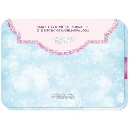 Royal Princess Pink and Blue Girls Birthday Party Invitations (back side with rounded corners) at Artistically Invited.