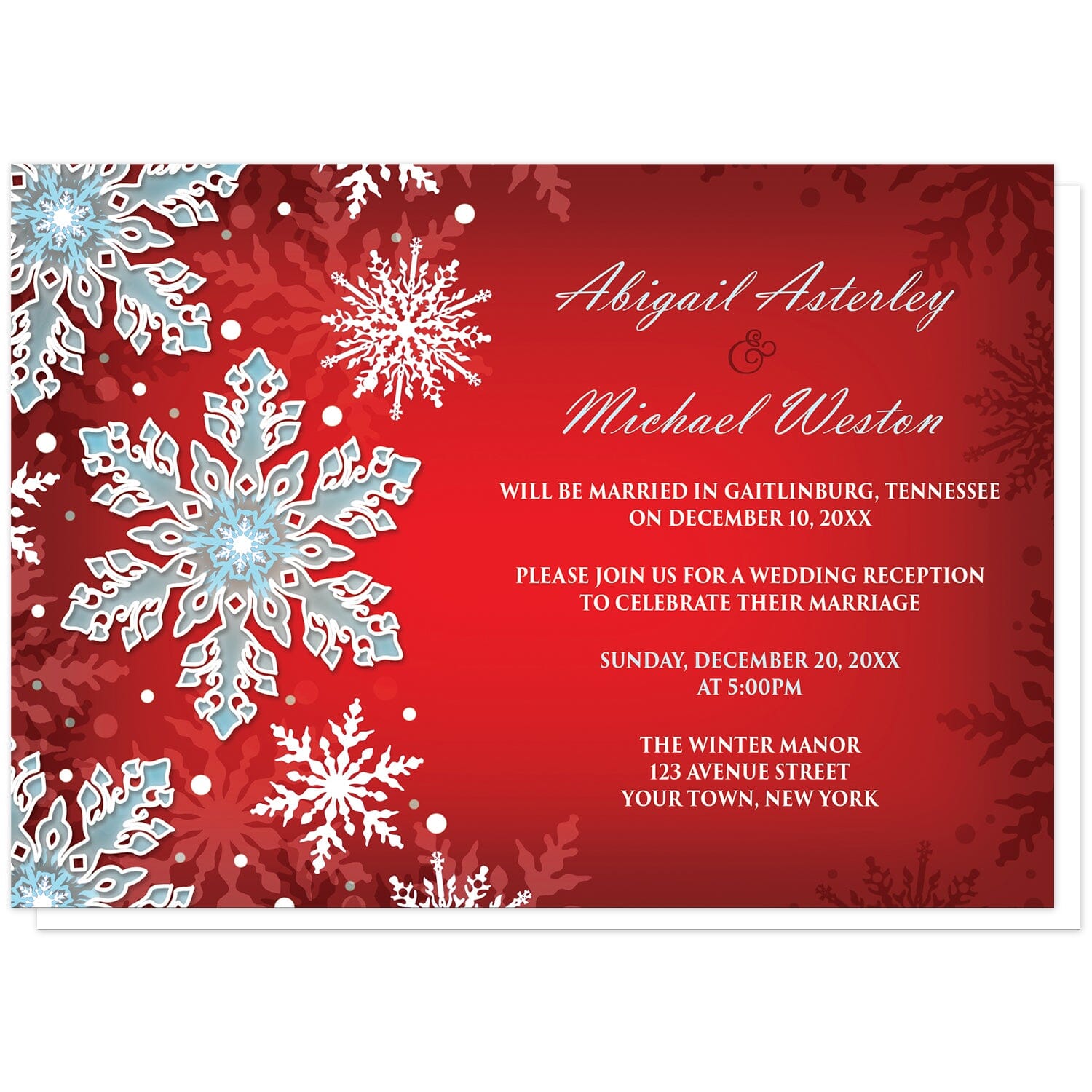 Royal Red White Blue Snowflake Reception Only Invitations at Artistically Invited. Royal red white blue snowflake reception only invitations with your personalized post-wedding reception details custom printed in white and light blue over a royal red gradient background covered in ornate white and blue snowflakes along the left side.