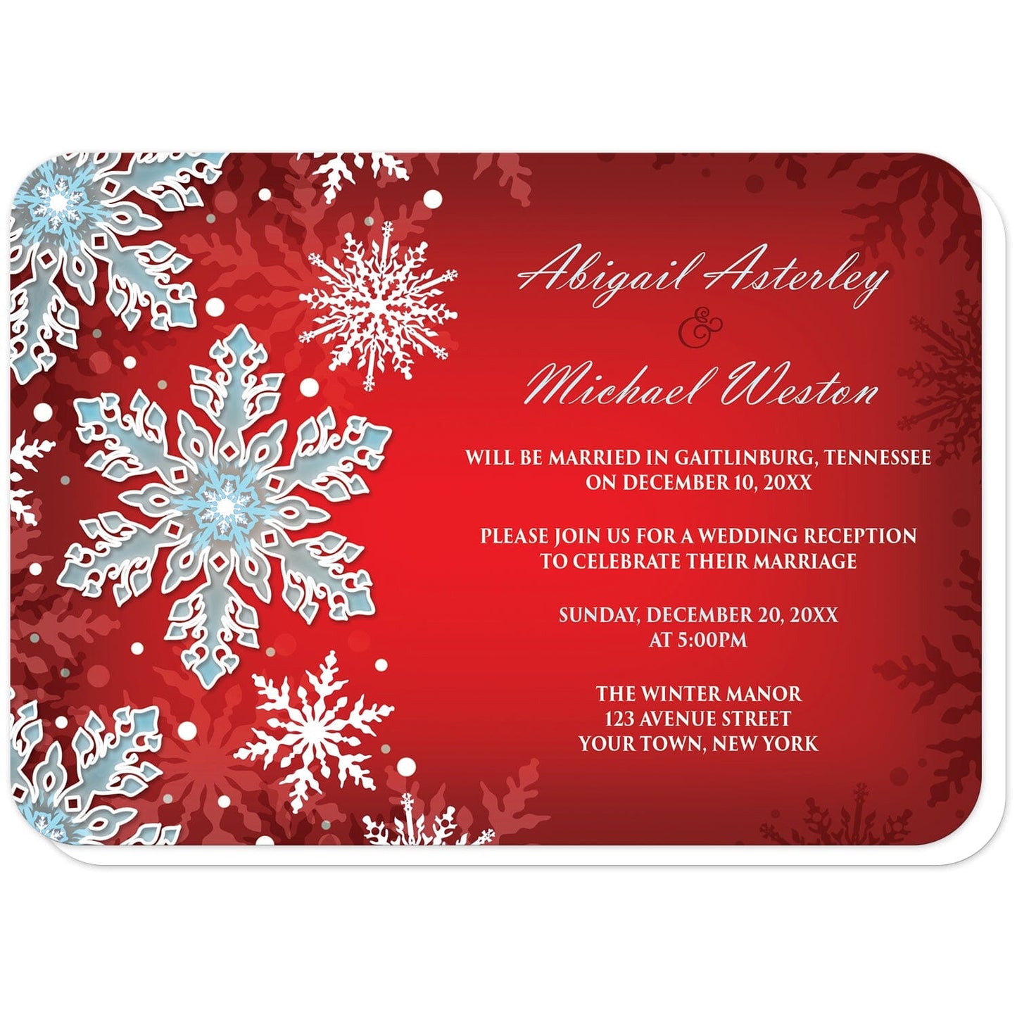 Royal Red White Blue Snowflake Reception Only Invitations (with rounded corners) at Artistically Invited. Royal red white blue snowflake reception only invitations with your personalized post-wedding reception details custom printed in white and light blue over a royal red gradient background covered in ornate white and blue snowflakes along the left side.