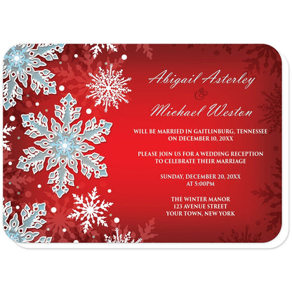 Royal Red White Blue Snowflake Reception Only Invitations (with rounded corners) at Artistically Invited. Royal red white blue snowflake reception only invitations with your personalized post-wedding reception details custom printed in white and light blue over a royal red gradient background covered in ornate white and blue snowflakes along the left side.