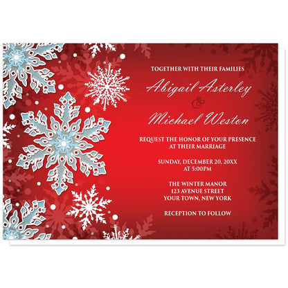 Royal Red White Blue Snowflake Wedding Invitations at Artistically Invited. Royal red white blue snowflake wedding invitations with your personalized marriage celebration details custom printed in white and light blue over a royal red gradient background covered in ornate white and blue snowflakes along the left side.