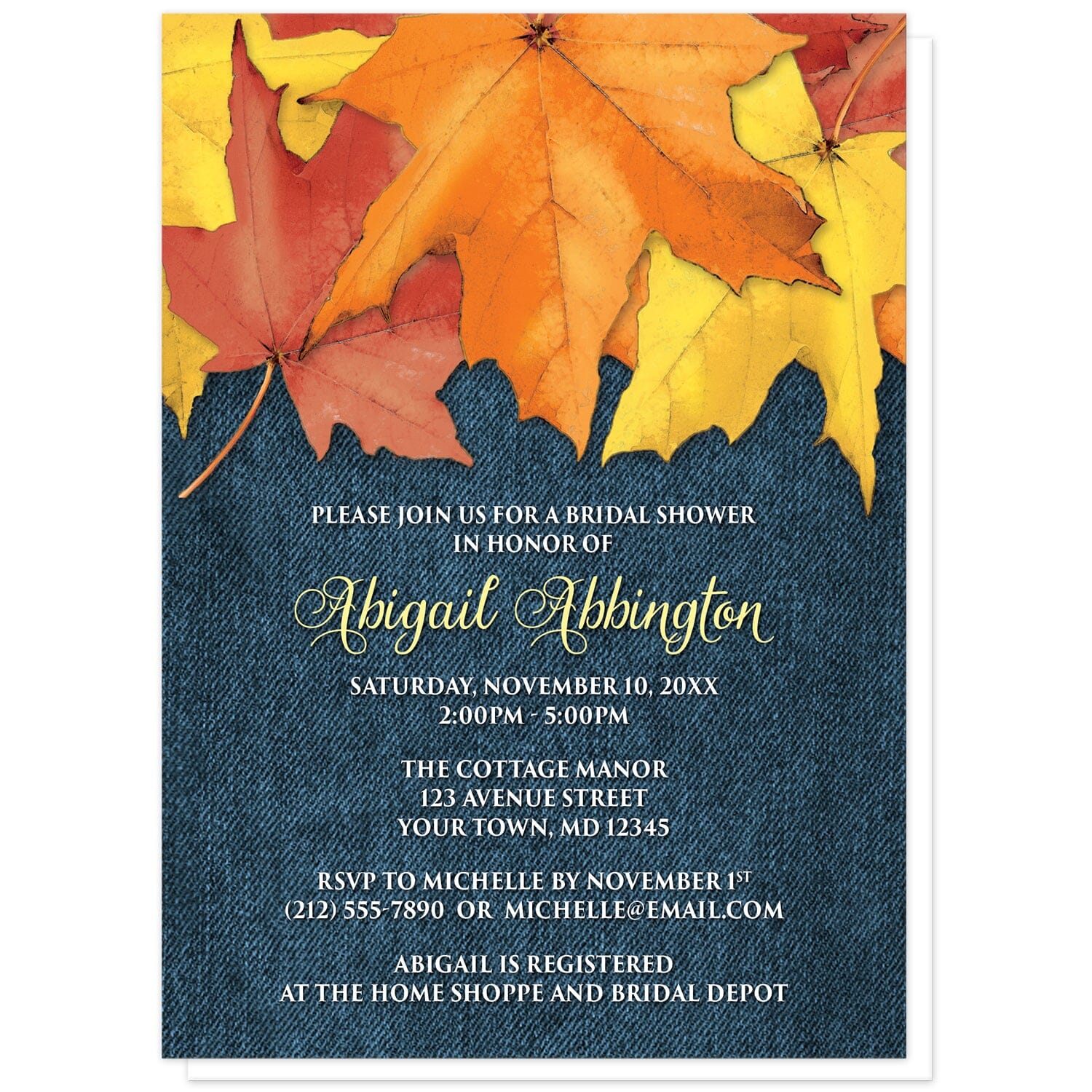 Rustic Autumn Leaves Denim Bridal Shower Invitations at Artistically Invited. Southern-inspired rustic autumn leaves denim bridal shower invitations with rustic yellow, orange, and red fall leaves along the top over a blue denim fabric illustration. Your personalized bridal shower celebration details are custom printed in yellow and white over the blue denim background.