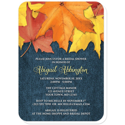 Rustic Autumn Leaves Denim Bridal Shower Invitations (with rounded corners) at Artistically Invited. Southern-inspired rustic autumn leaves denim bridal shower invitations with rustic yellow, orange, and red fall leaves along the top over a blue denim fabric illustration. Your personalized bridal shower celebration details are custom printed in yellow and white over the blue denim background.