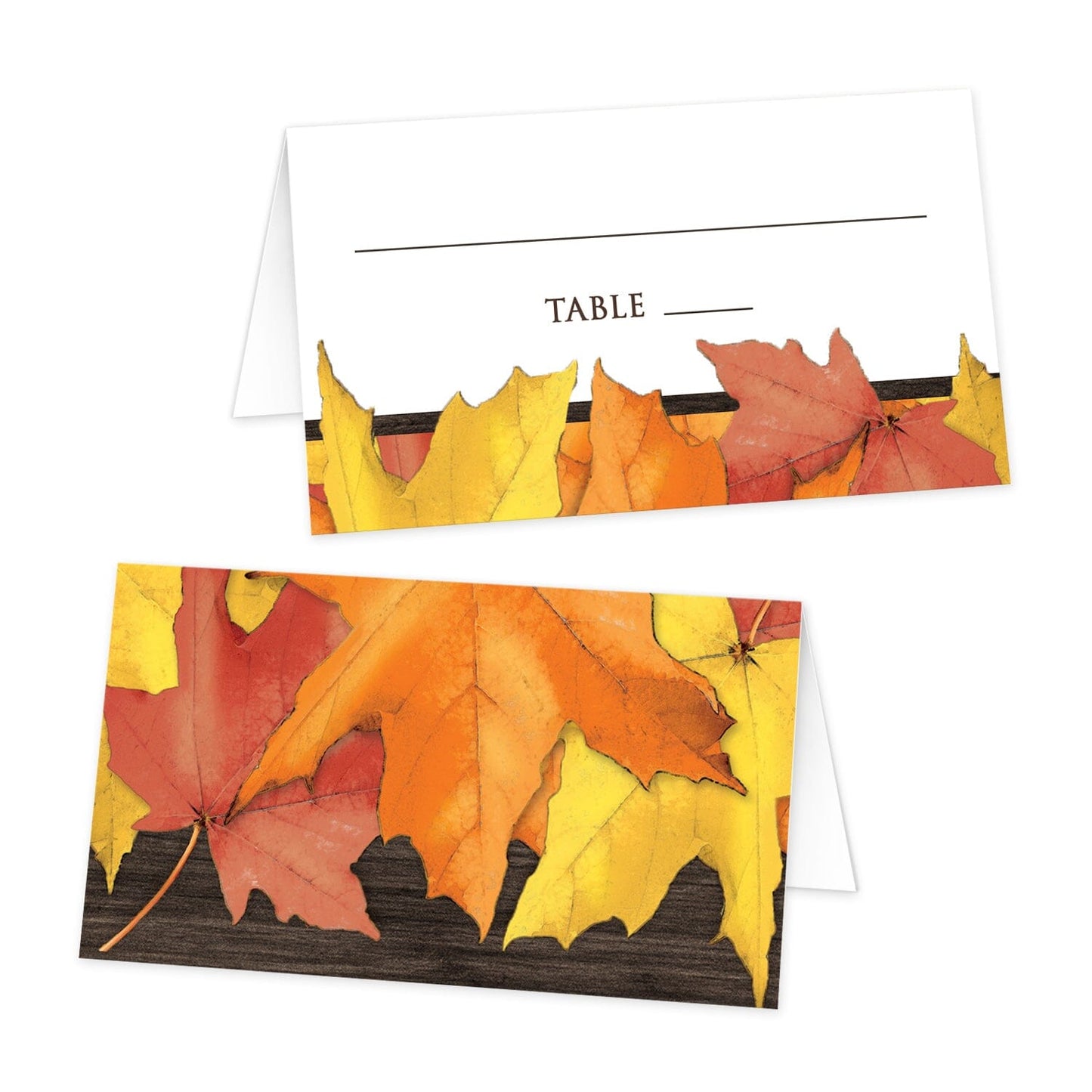 Rustic Autumn Leaves Wood Folded Place Cards at Artistically Invited. Southern-inspired rustic autumn leaves wood folded place cards with an arrangement of rustic yellow, orange, and red fall leaves along the top over a dark brown wood pattern on one side of the cards. Your lines for writing the guest's name and table number are on the other side of the fold of these cards in a white space above an arrangement of rustic leaves that runs along the bottom.