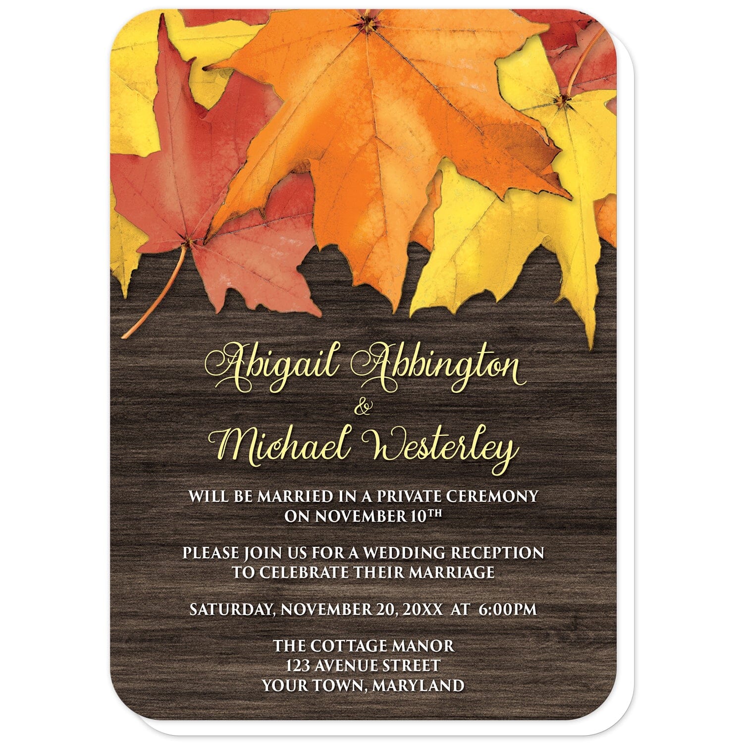 Rustic Autumn Leaves Wood Reception Only Invitations (with rounded corners) at Artistically Invited. Southern-inspired rustic autumn leaves wood reception only invitations with an arrangement of rustic yellow, orange, and red fall leaves along the top over a dark brown wood pattern. Your personalized post-wedding reception celebration details are custom printed in yellow and white over the rustic wood background. 