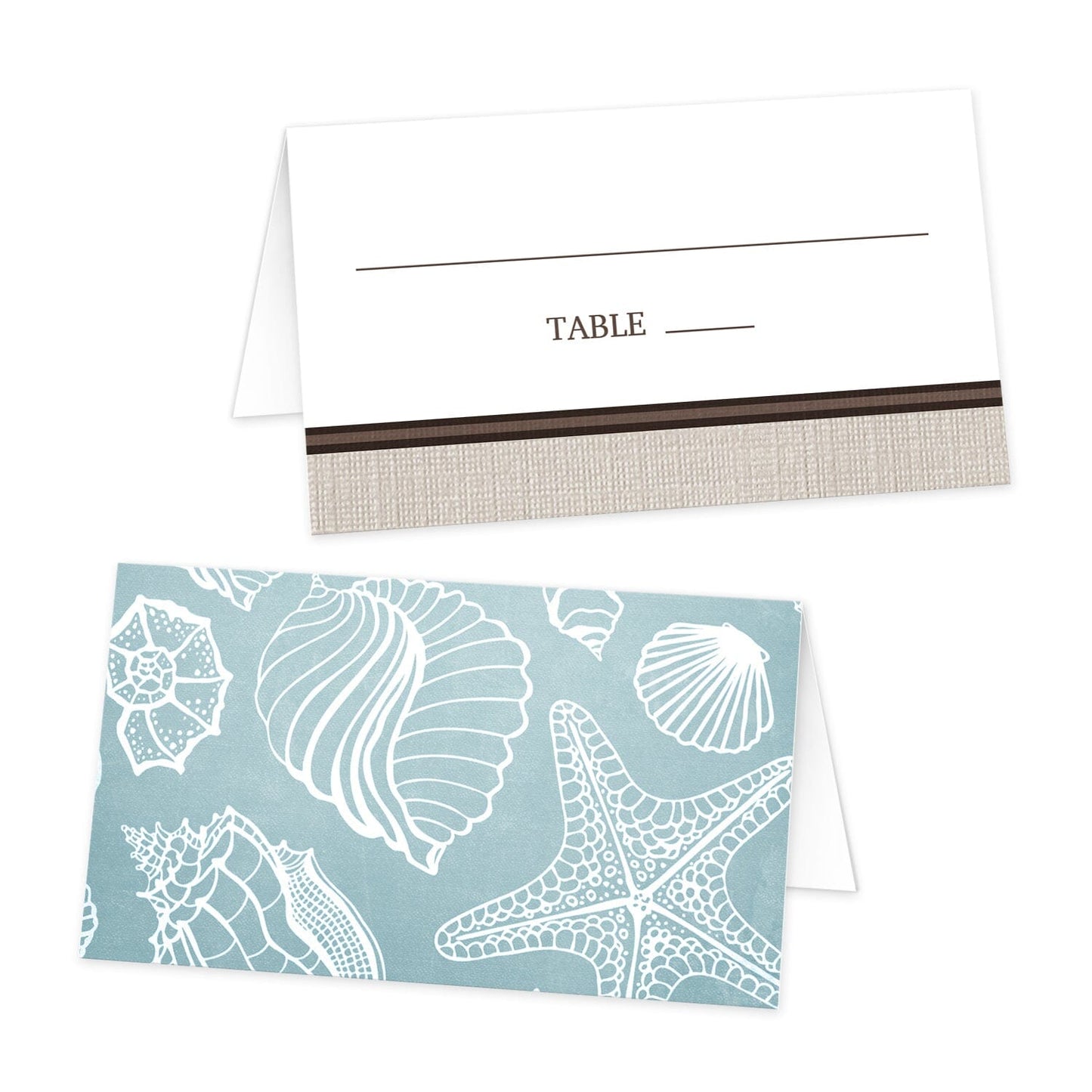 Rustic Beach Linen Folded Place Cards at Artistically Invited. Rustic beach linen folded place cards with a white line seashell pattern over a beachy turquoise background on one side of the cards. Your lines for writing the guest's name and table number are on the other side of the fold of these cards in a white space above a brown stripe with a beige canvas design that runs along the bottom.