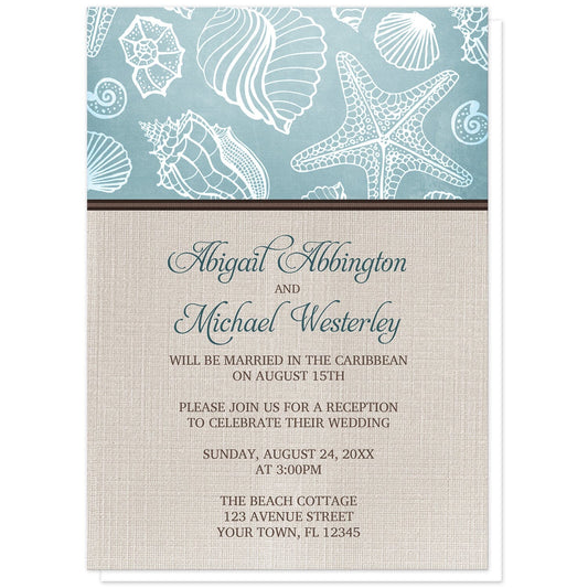 Rustic Beach Linen Reception Only Invitations at Artistically Invited. Rustic beach linen reception only invitations with a white line seashell pattern over a beachy turquoise background along the top. Your personalized post-wedding reception details are custom printed in dark turquoise and brown over a beige canvas background design below the seashell pattern.