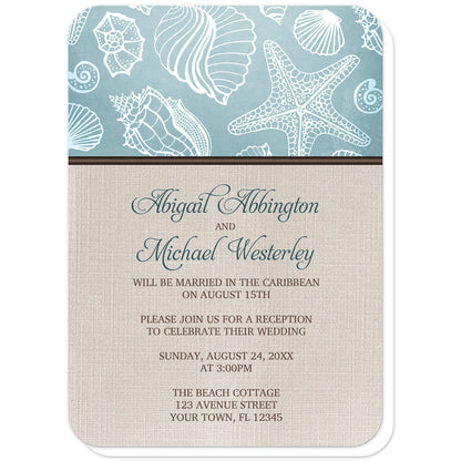Rustic Beach Linen Reception Only Invitations (with rounded corners) at Artistically Invited. Rustic beach linen reception only invitations with a white line seashell pattern over a beachy turquoise background along the top. Your personalized post-wedding reception details are custom printed in dark turquoise and brown over a beige canvas background design below the seashell pattern.