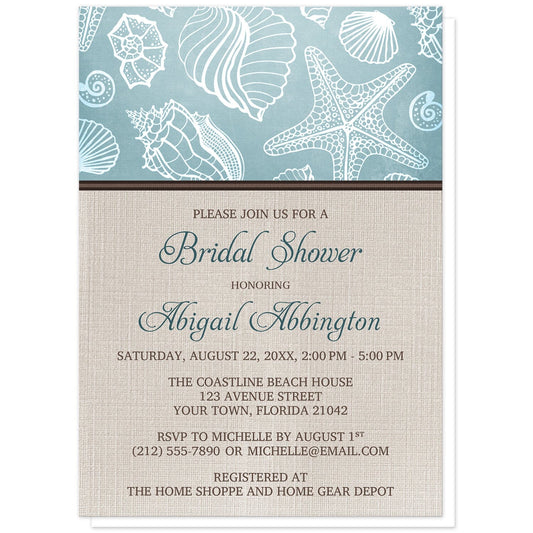 Rustic Beach Linen Seashell Bridal Shower Invitations at Artistically Invited. Rustic beach linen seashell bridal shower invitations with a white line seashell pattern over a beachy turquoise background along the top. Your personalized bridal shower celebration details are custom printed in dark turquoise and brown over a beige canvas background design below the seashell pattern.