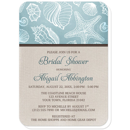Rustic Beach Linen Seashell Bridal Shower Invitations (with rounded corners) at Artistically Invited. Rustic beach linen seashell bridal shower invitations with a white line seashell pattern over a beachy turquoise background along the top. Your personalized bridal shower celebration details are custom printed in dark turquoise and brown over a beige canvas background design below the seashell pattern.