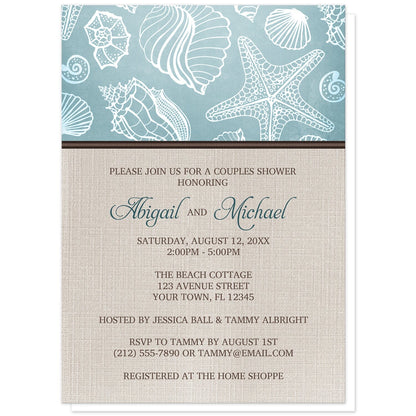 Rustic Beach Linen Seashell Couples Shower Invitations at Artistically Invited. Rustic beach linen seashell couples shower invitations with a white line seashell pattern over a beachy turquoise background along the top. Your personalized couples shower celebration details are custom printed in dark turquoise and brown over a beige canvas background design below the seashell pattern.