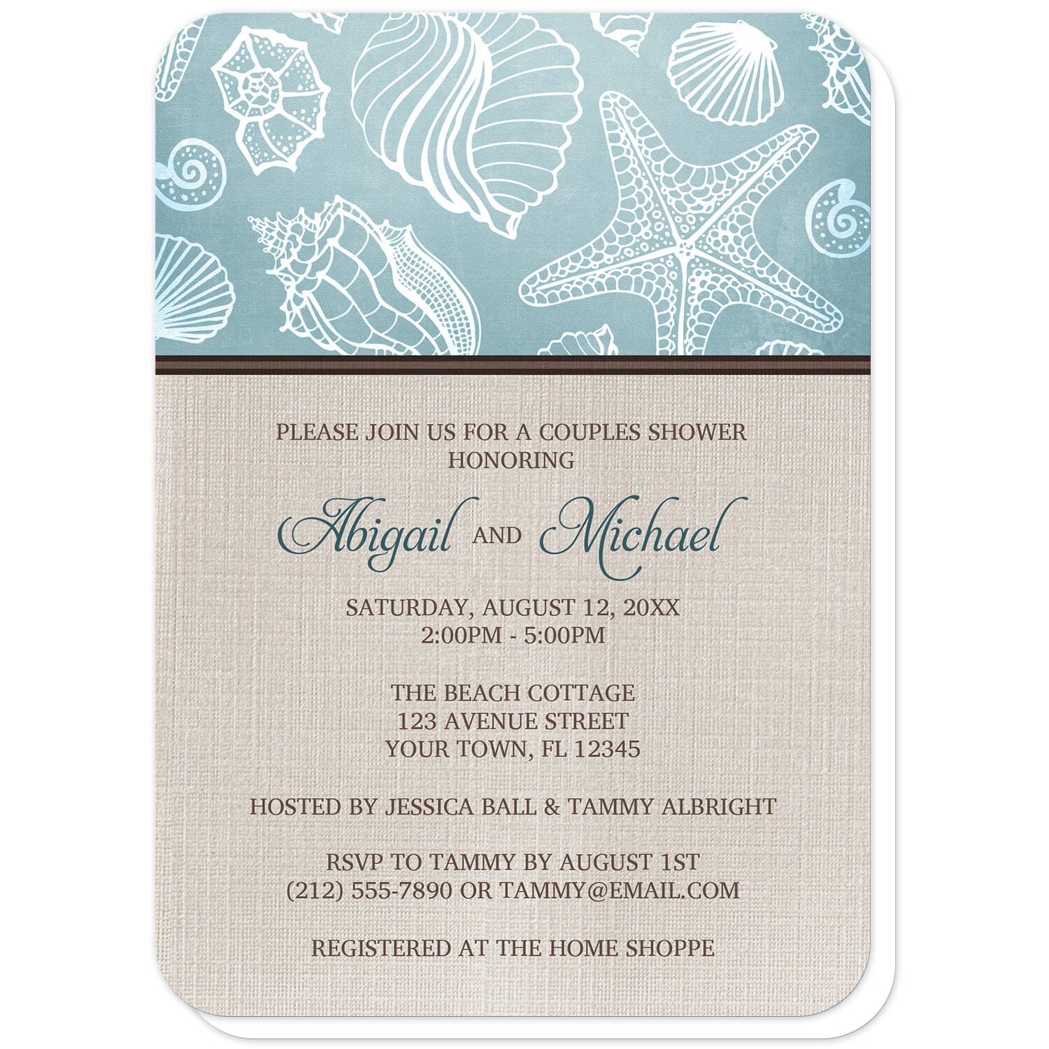 Rustic Beach Linen Seashell Couples Shower Invitations (with rounded corners) at Artistically Invited. Rustic beach linen seashell couples shower invitations with a white line seashell pattern over a beachy turquoise background along the top. Your personalized couples shower celebration details are custom printed in dark turquoise and brown over a beige canvas background design below the seashell pattern.