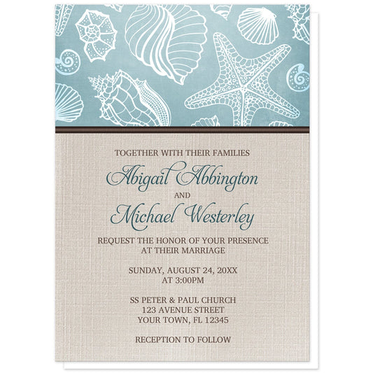Rustic Beach Linen Wedding Invitations at Artistically Invited. Rustic beach linen wedding invitations with a white line seashell pattern over a beachy turquoise background along the top. Your personalized marriage celebration details are custom printed in dark turquoise and brown over a beige canvas background design below the seashell pattern.