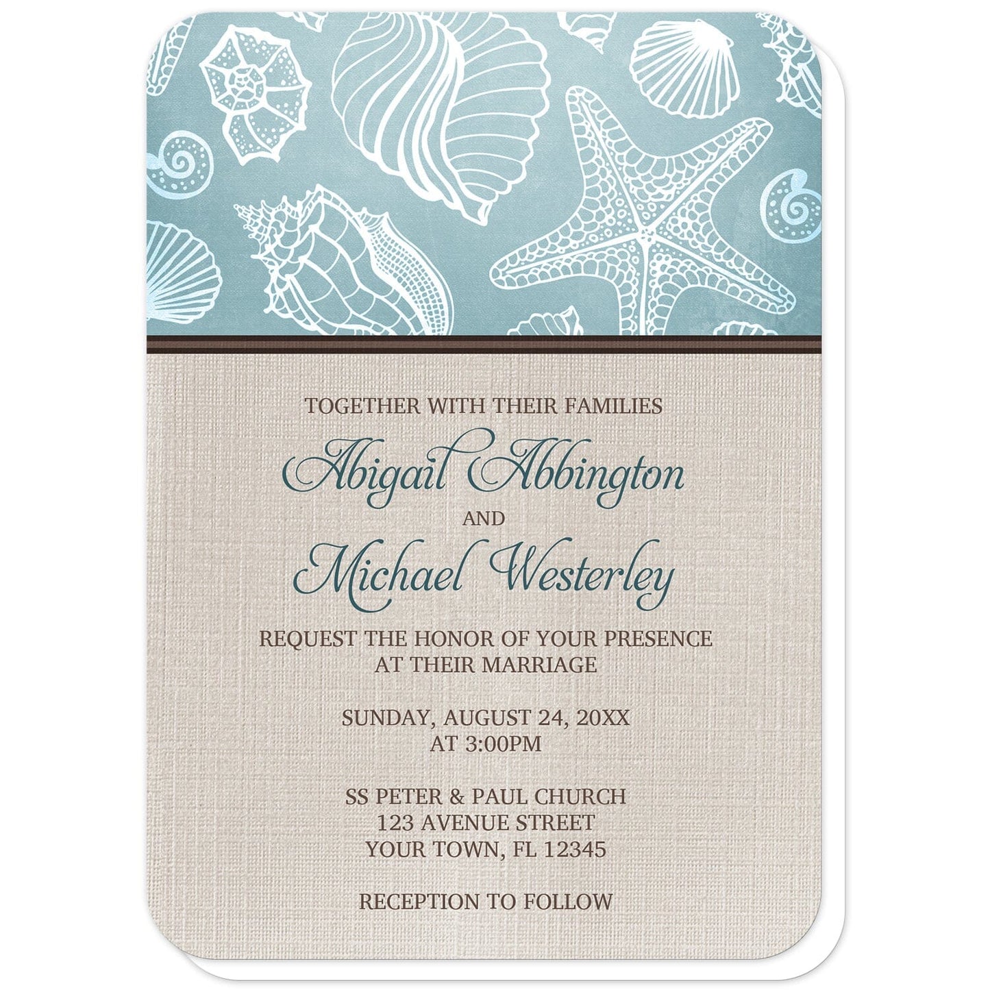 Rustic Beach Linen Wedding Invitations (with rounded corners) at Artistically Invited. Rustic beach linen wedding invitations with a white line seashell pattern over a beachy turquoise background along the top. Your personalized marriage celebration details are custom printed in dark turquoise and brown over a beige canvas background design below the seashell pattern.