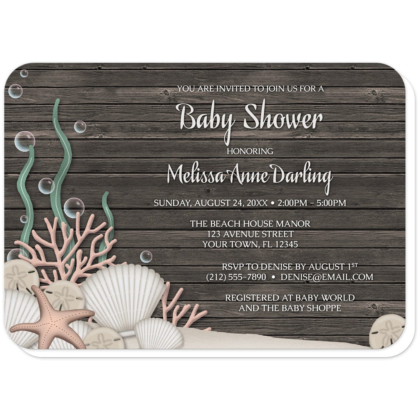 Rustic Beach Seashells and Wood Baby Shower Invitations (with rounded corners) at Artistically Invited. Rustic beach seashells and wood baby shower invitations with a rustic "on the beach" or "under the sea" theme. They are designed with a dark wood pattern, sandy seabed, assorted seashells, coral, and kelp. Your personalized baby shower celebration details are custom printed in white over the wood background.