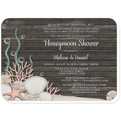 Rustic Beach Seashells and Wood Honeymoon Shower Invitations (with rounded corners) at Artistically Invited. Rustic beach seashells and wood honeymoon shower invitations with a rustic "on the beach" or "under the sea" theme. They are designed with a dark wood pattern, sandy seabed, assorted seashells, coral, and kelp. Your personalized honeymoon shower celebration details are custom printed in white over the wood background.
