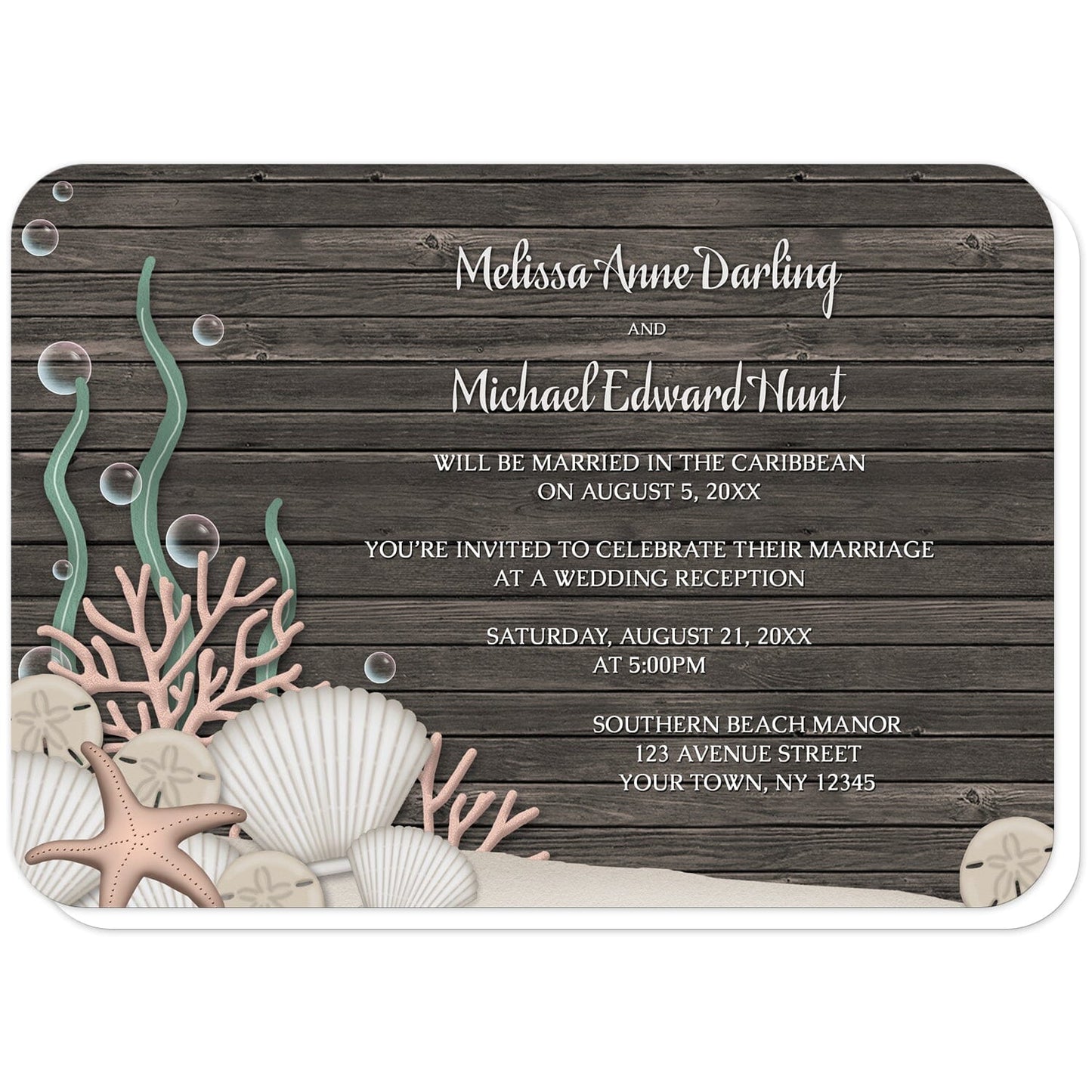 Rustic Beach Seashells and Wood Reception Only Invitations (with rounded corners) at Artistically Invited. Rustic beach seashells and wood reception only invitations with a rustic "on the beach" or "under the sea" theme. They are designed with a dark wood pattern, sandy seabed, assorted seashells, coral, and kelp. Your personalized post-wedding reception details are custom printed in white over the wood background.