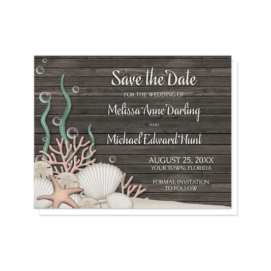 Rustic Beach Seashells and Wood Save the Date Cards at Artistically Invited. Rustic beach seashells and wood save the date cards with a rustic "on the beach" or "under the sea" theme. They are designed with a dark wood pattern, sandy seabed, assorted seashells, coral, and kelp. Your personalized wedding date announcement details are custom printed in white over the wood background.