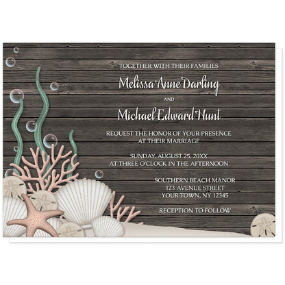 Rustic Beach Seashells and Wood Wedding Invitations at Artistically Invited. Rustic beach seashells and wood wedding invitations with a rustic "on the beach" or "under the sea" theme. They are designed with a dark wood pattern, sandy seabed, assorted seashells, coral, and kelp. Your personalized marriage celebration details are custom printed in white over the wood background.