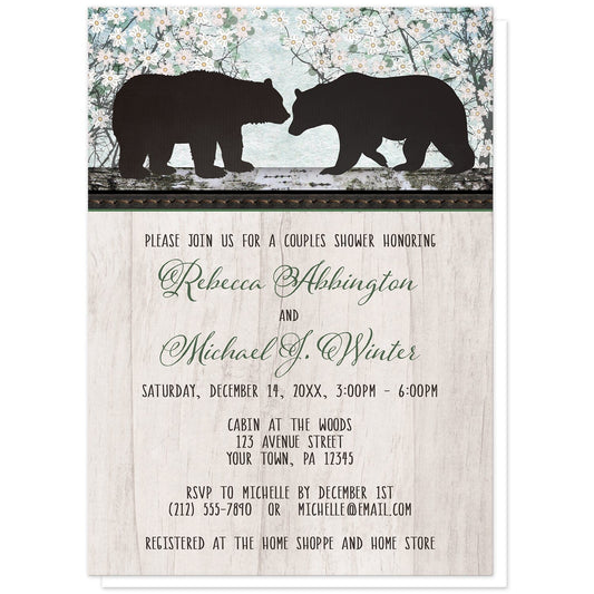 Rustic Bear Floral Wood Couples Shower Invitations at Artistically Invited. Rustic bear floral wood couples shower invitations with two silhouette bears on a wooden tree trunk-like stripe over a whimsical spring floral trees illustration. Your personalized couples shower details are custom printed in black and green over a light rustic wood image background.