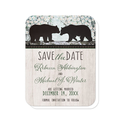 Rustic Bear Floral Wood Save the Date Cards (with rounded corners) at Artistically Invited. Rustic bear floral wood save the date cards with two silhouette bears on a wooden tree trunk-like stripe over a whimsical spring floral trees illustration. Your personalized wedding date announcement details are custom printed in black and green over a light rustic wood image background.