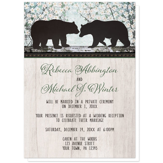 Rustic Bear Spring Floral Reception Only Invitations at Artistically Invited. Rustic bear floral wood reception only invitations with two silhouette bears on a wooden tree trunk-like stripe over a whimsical spring floral trees illustration. Your personalized post-wedding reception details are custom printed in black and green over a light rustic wood image background.
