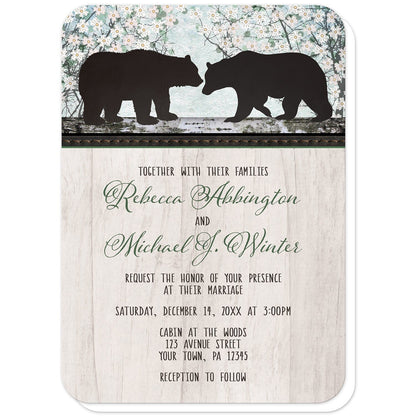 Rustic Bear Spring Floral Wedding Invitations (with rounded corners) at Artistically Invited. Rustic bear floral wood wedding invitations with two silhouette bears on a wooden tree trunk-like stripe over a whimsical spring floral trees illustration. Your personalized marriage celebration details are custom printed in black and green over a light rustic wood image background.