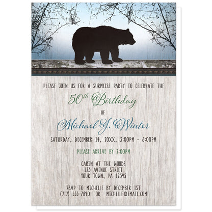 Rustic Bear Wood Red Blue Birthday Invitations (with green in place of the red) at Artistically Invited. Rustic bear wood red blue birthday invitations with a dark silhouette bear on wooden log at the top, over a blue background with trees and a wood watermark. Your personalized surprise party details are custom printed in red, blue, and dark brown over a light rustic wood texture background below the bear design. 